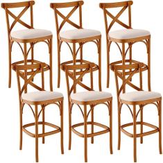 Kit 06 Banquetas Altas Cozinha Bancada Bar Sala de Jantar Estofada Ávila L02 Suede Bege - Lyam