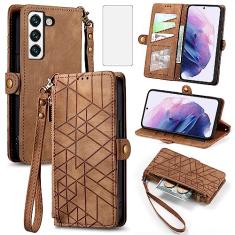 Asuwish Capa de telefone para Samsung Galaxy S22 5G capa carteira com protetor de tela de vidro temperado e alça de pulso couro flip zíper suporte para cartão acessórios celulares S 22 22S 4G G5 6,1