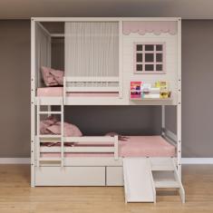 Beliche Casinha Reta com 02 Gavetas Grade Removível Escorregador e Cortina Madeira Maciça Branco/ Rosa Housin