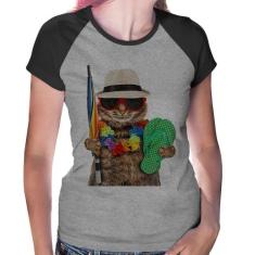 Baby Look Raglan Gato nas Férias - Foca na Moda, Cinza, Preto, P