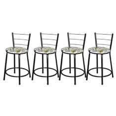 Jogo 4 Banqueta Baixa Para Cozinha Epoxi Preta Estofado Floral - Lamar