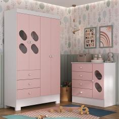 Quarto Infantil Completo Guarda Roupa 4 Portas 3 Gavetas Com Cômoda Stella Espresso Móveis Branco-rosa