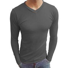 Camiseta Masculina Gola V Rasa Manga Longa cor:cinza-escuro;tamanho:g