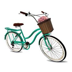 Bicicleta feminina aro 26 retrô com cesta tipo vime 6v verde