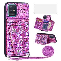 Asuwish Capa de telefone para Samsung Galaxy A71 5G capa carteira com protetor de tela de vidro temperado e suporte para cartão de crédito de couro brilhante acessórios de celular para meninas A 71 G5