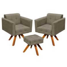 Kit 02 Poltronas Giratória Elisa e 01 Puff Suede Base Madeira MM30 D'R