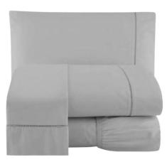 Jogo Lençol Percal 200 Fios Ponto Palito Cama Queen 4pçs Cinza - CasaH