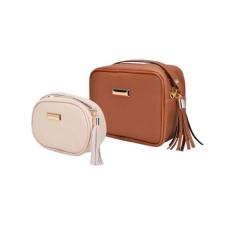 Bolsa Feminina Kit 2 Peças Quadrada Média Caramelo Transversal + Oval 