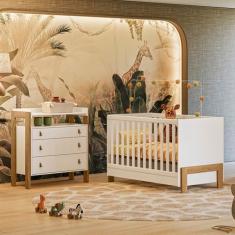 Quarto de Bebê Fantasia com Cômoda 4410 e Berço 4300 Qmovi Branco Acetinado + Colchão Gazin