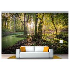 Papel De Parede Lago Floresta Árvores Sol 3D Nlk130