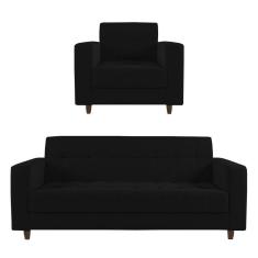 Kit 01 Sofá 03 Lugares E 01 Poltrona Arezzo Linho Preto A79 Pés Chanfrado Tabaco - D`rossi