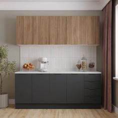 Cozinha Modulada 4 Peças com Tampo com Rodapé 2 Aéreos e 2 Balcões Ipanema Cabecasa Madeiramadeira Grafite Trama/ Acácia