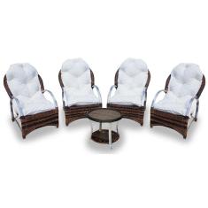 Conjunto de Poltronas Fibra Sintética Paris Alumínio 4 Poltronas + 1 Mesa Centro Tecido Duna Cru