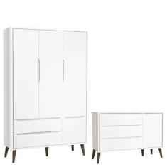 Cômoda Infantil Com Porta E Guarda Roupa 3 Portas Theo Branco Acetinado Com Pés Amadeirado - Reller