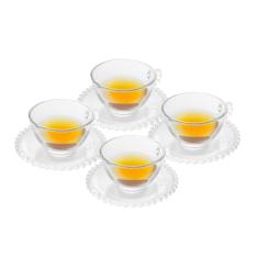 WOLFF - Conjunto 4 Xícaras de Chá de Cristal com Pires 180ml - Linha Pearl