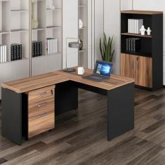 Mesa de Escritório 120x150cm em L com Gaveteiro e Armário Estante Espresso Móveis Marrom/Preto