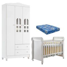Berço Americano Mirelle e Guarda Roupa New Selena 3 Portas Branco Brilho com Colchão Ortobom - Carolina Móveis
