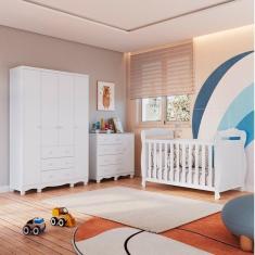 Quarto de Bebê com Guarda Roupa 4 Portas Cômoda 1 Porta e Berço Americano Nina Espresso Móveis Branco Brilho