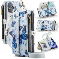 YWKJ Capa carteira para iPhone 16 Plus com suporte para cartão com bloqueio de RFID, desenho colorido, couro PU, fecho magnético, fecho de correr, carteira para celular adequada para iPhone 16 Plus