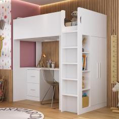 Cama Alta Infantil/Juvenil com Escrivaninha, Armário e Nichos