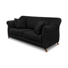 Sofá 3 Lugares Pé De Madeira Julieta 200 Cm Suede Preto S04 - D'rossi