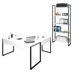 Mesa em L e Estante para Escritório Studio Industrial Branco