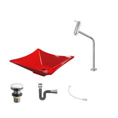 Kit Cuba L34 C/Torneira Link 1062 Metal + Válvula Click 1''G + Sifão Cromado + Flexível Vermelho