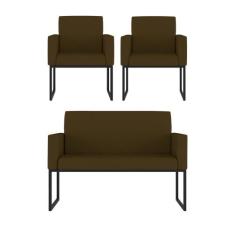 Kit 2 Poltrona + Sofá 2 Lugares com Base Ferro Preta material sintétic