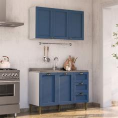 Cozinha Compacta Lavanda 5 Portas 3 Gavetas Azul e Branco