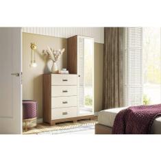 Cômoda 4 Gavetas 1 Porta Estilo com Espelho e Pés Jatobá/Areia