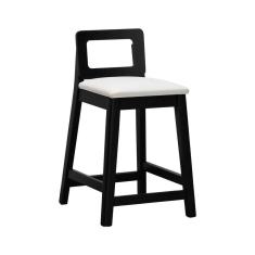 Banqueta Média River Madeira Maciça - Preto Assento Estofado Corano Bege