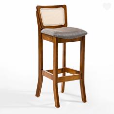 Banqueta Alta em Madeira com Encosto em Rattan Portugal Estofada Linho Cinza L55 RMI