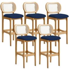 Kit 05 Banquetas Altas Para Cozinha Bancada Sala Tela Betta Fixa L02 Suede Azul Marinho - Lyam