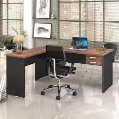 Mesa de Escritório em L 1,60x1,60m com 2 Gavetas Work30 Compace Nogal/Preto Ônix