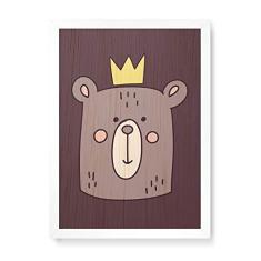 Arte Maníacos Quadro Decorativo em Madeira Urso Rei - 23x16,25cm (Moldura caixa em laca branca)