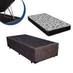 Cama Box Baú Solteiro Conforto Sintético Marrom  + Colchão Solteiro Conforto Espuma D23 Com EPS 20x88x188