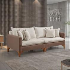 Sofá Living Bipartido com 4 Almofadas Bouclé M195 240cm Bege Claro/Marrom