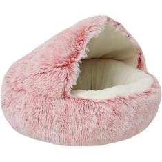 Gatos calmantes para gatos internos Cama redonda com capuz de pelúcia para cães pequenos Aquecimento coberto fofo donut Cama de gato Caverna Cama para animais de estimação pequenos e médios Snooze Sle