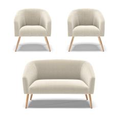 Kit 1 Sofá Namoradeira E 2 Poltronas Stella Bouclê Pés Palito Natural D`rossi Cor Bege