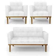 Sofá Namoradeira E 2 Poltronas Base Madeira Castanho Elisa Corano Branco D03 - D`rossi