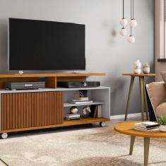 Rack Topázio Para Tv Até 52 Polegadas Com 5 Rodízios Naturalle-off-white-ripado
