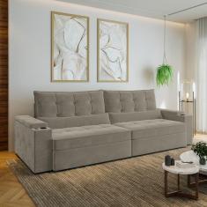 Sofá Retrátil e Reclinável com Porta Copos e Usb 4 Lugares 300cm Embaúba Extra Cabecasa Madeiramadei Cinza Claro Fosco