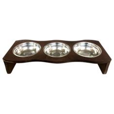 Comedouro Madeira Com 3 Potes Em Inox Para Pet Cachorro Gato - JJVERAS