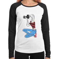 Baby Look Raglan Fotógrafa Art Manga Longa - Foca na Moda, Branco, Pre