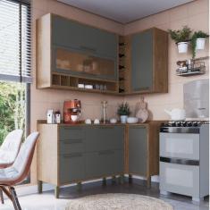 Cozinha Modulada Compacta de Canto com 4 Peças 5 Portas 4 Gavetas e Vidro Reflecta 100% MDF Vicenza Castanho/Cinza