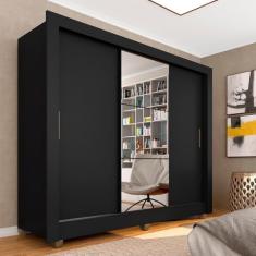 Guarda Roupa Casal Com Espelho Brenda Preto Fosco - Móveis Arapongas Preto Fosco