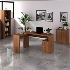 Conjunto Home Office 3 Peças com 1 Mesa para Escritório em L 1 Estante e 1 Balcão Tecno Mobili Amendoa