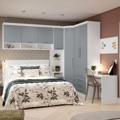 Quarto De Canto Casal Com Guarda Roupas Cabeceira E Escrivaninha Alpes Luciane Móveis Branco Pf Com Grey Sky Pf
