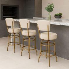 Kit 3 Banquetas Alta Bar Giratória com Encosto cor Dourado fosco Assen