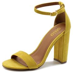Sandália feminina Ollio de camurça sintética com alça no tornozelo e salto alto grosso, Amarelo, 6.5